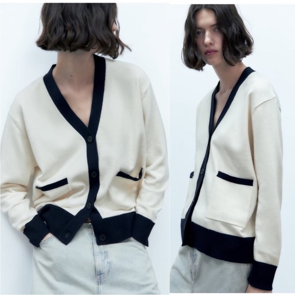 Zara Sweaters - ZARA Preppy Classic Knit V-neck Cardigan with Contrast Trim Ecru/Navy size large
